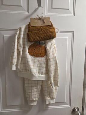 Lila & Jack Cream Plaid Kids Matching Set with Pumpkin Applique